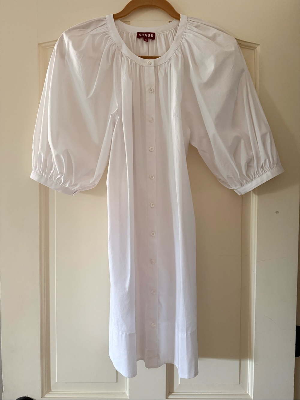 STAUD White Button-Front Puff-Sleeve Mini Dress